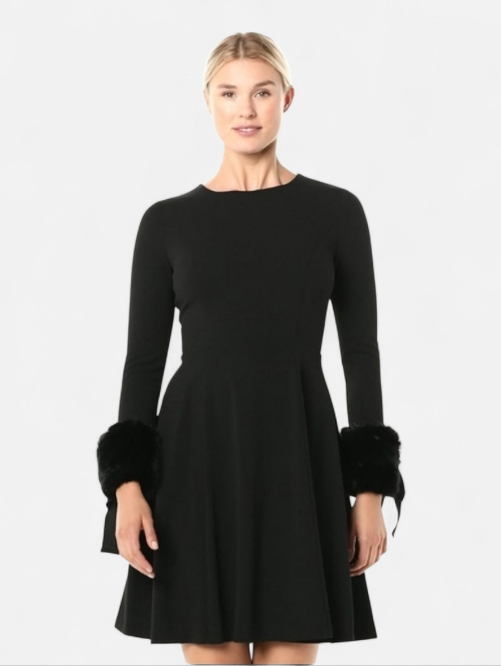 Calvin Klein Women's Long Sleeve Fit and Flare Dress with Faux Fur Trim Size 6
